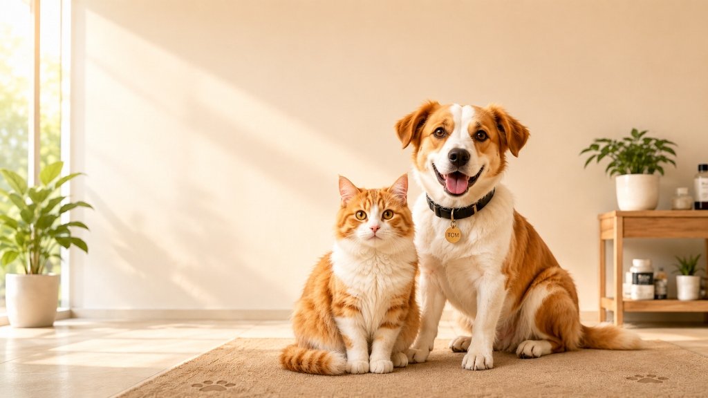 Happy Golden Retriever Dog and Tabby Cat Background